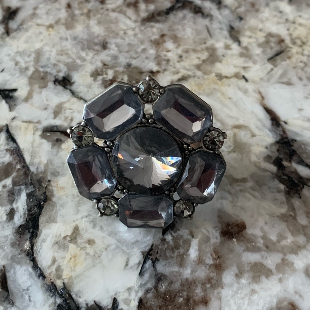 Vintage Smokey Quartz Black Steel Stretchy Ring